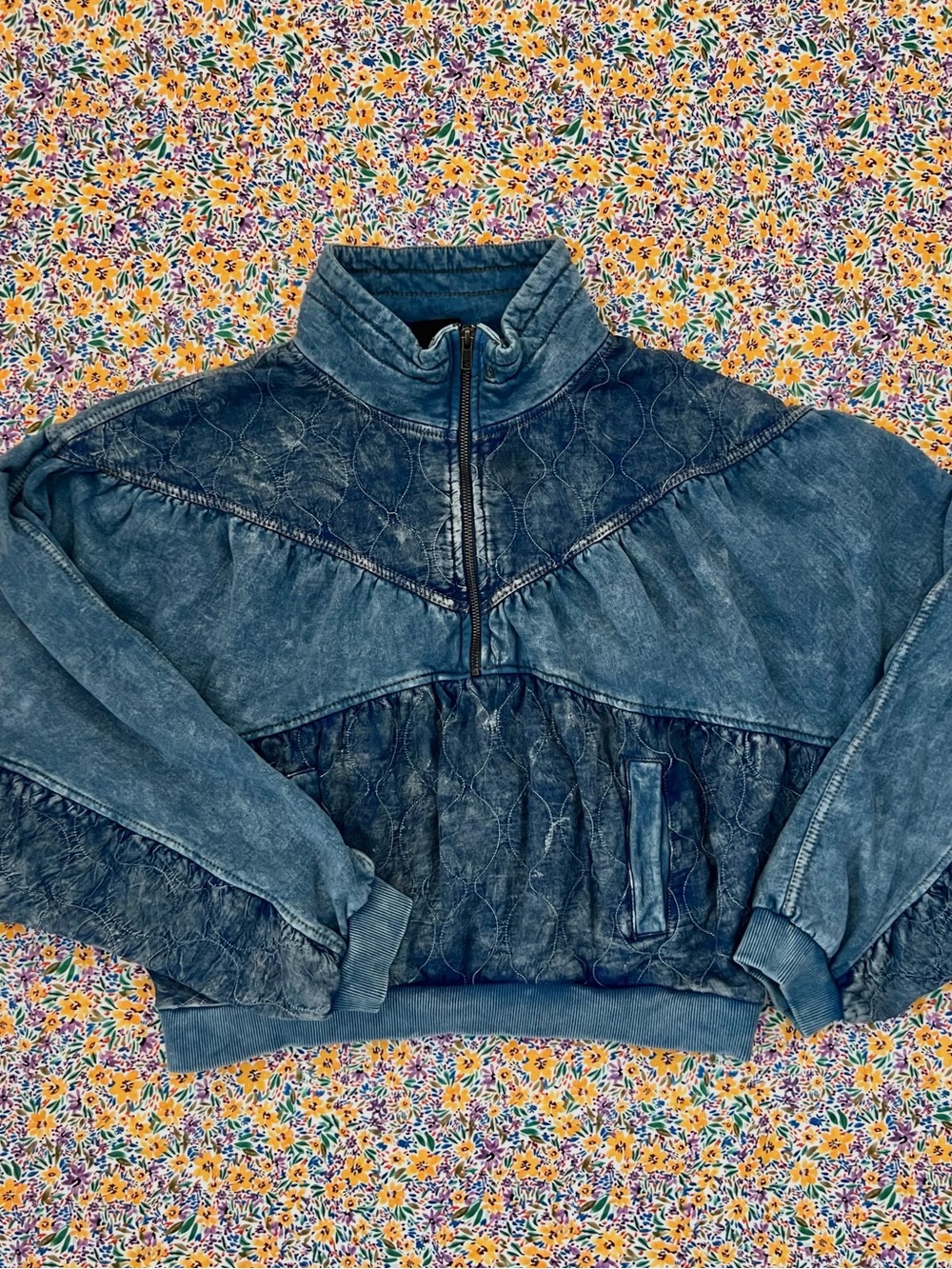 Urban Outfitters Blue Quilted Half-Zip Denim-Effect Sweatshirt